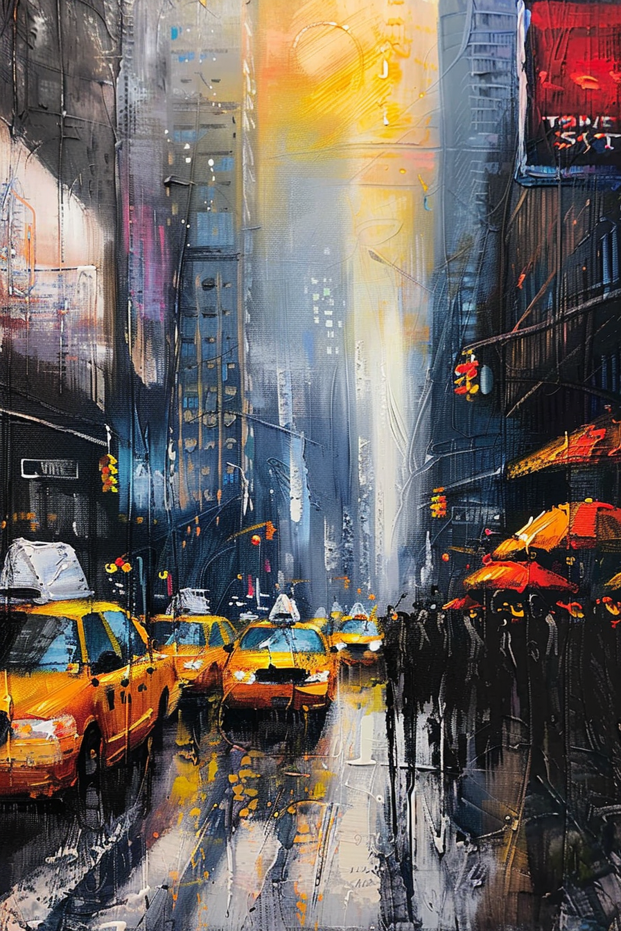 Vibrant painting of a busy New York street with yellow taxis and pedestrians holding umbrellas on a rainy day, with striking light reflections.