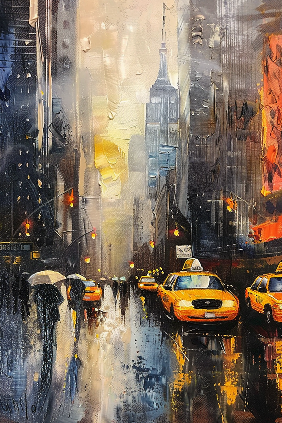 Impressionistic cityscape painting with yellow taxis, pedestrians with umbrellas, and wet streets reflecting city lights.