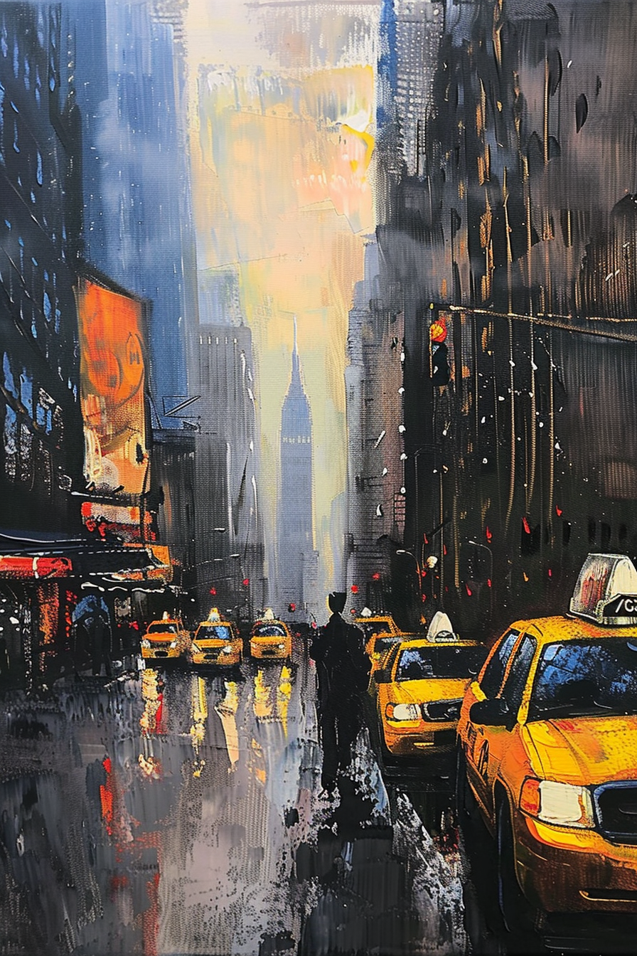 "Vibrant cityscape painting with yellow taxis, a silhouetted figure, and rain-slicked streets, capturing the essence of urban life."