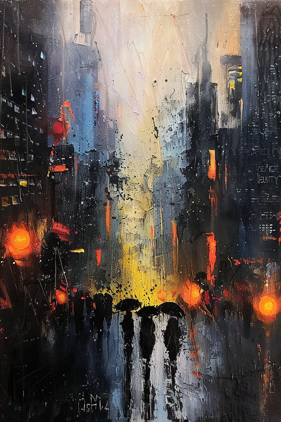 Abstract cityscape painting with vivid splashes of color, silhouettes of people with umbrellas, and blurred urban lights.