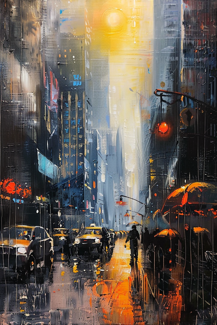 "Expressive cityscape painting depicting a rainy street with illuminated cars, reflective surfaces, and vibrant umbrella accents under a golden sky."