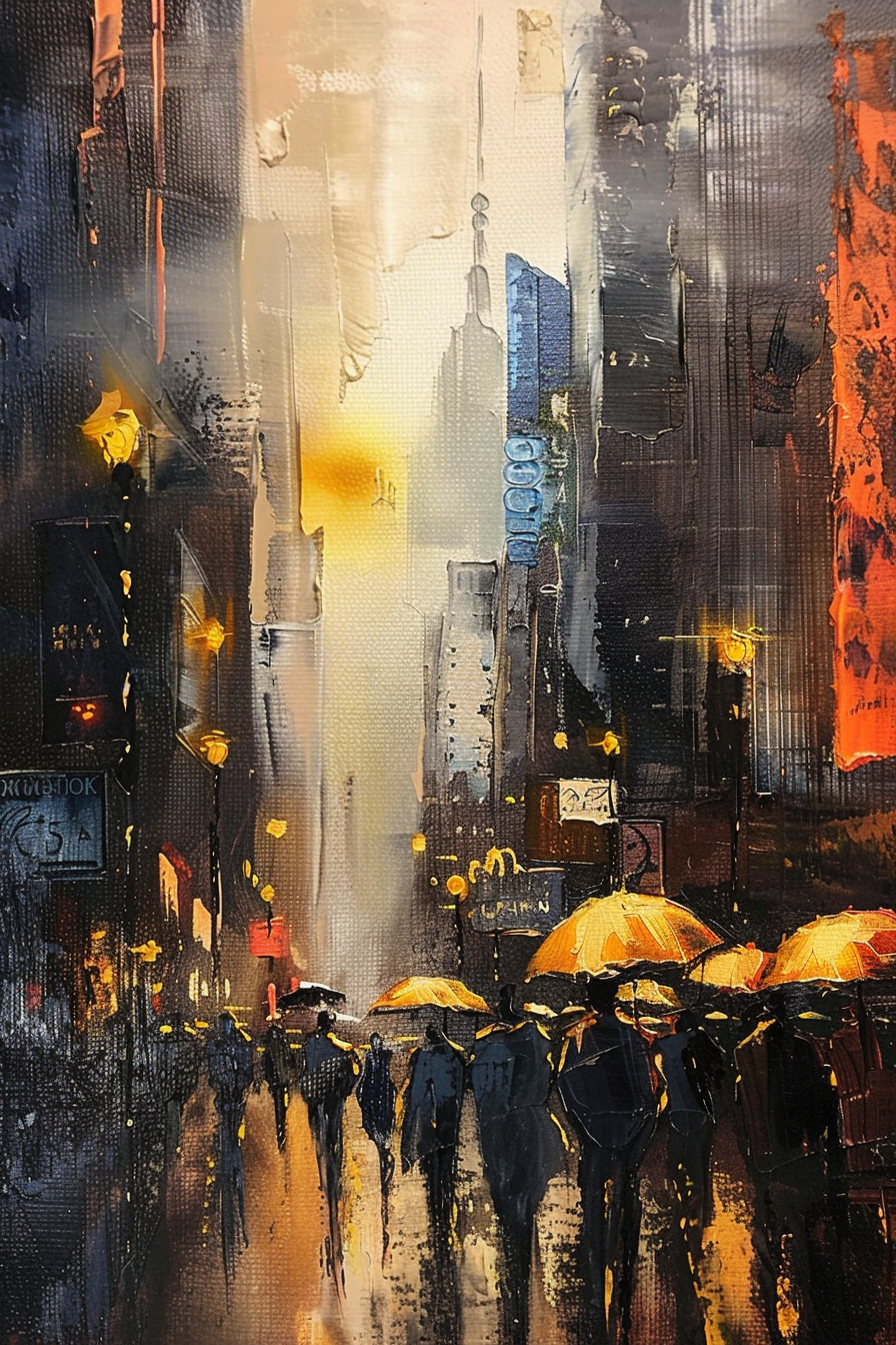 A textured painting of pedestrians with yellow umbrellas walking on a rain-slick city street, highlighted by a soft yellow glow.