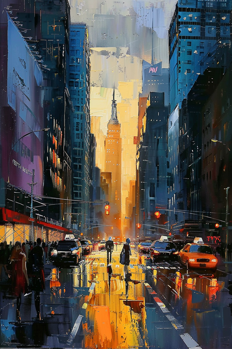 Vibrant cityscape painting depicting pedestrians and taxis on wet streets with the glow of sunset reflecting off buildings and puddles.