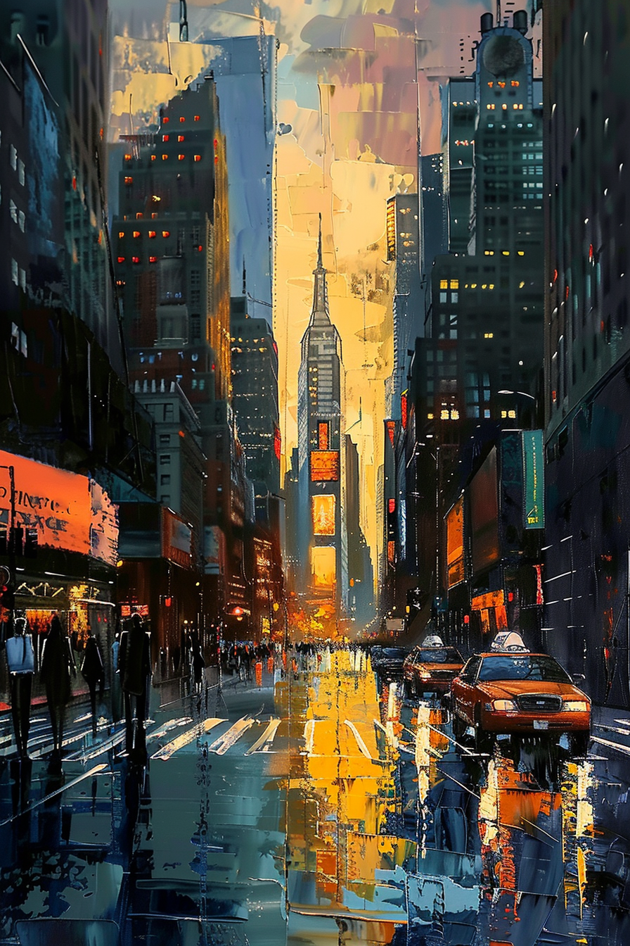 Alt text: Artistic depiction of a vibrant city street at dusk, with reflections on wet pavement, illuminated skyscrapers, and bustling city life.