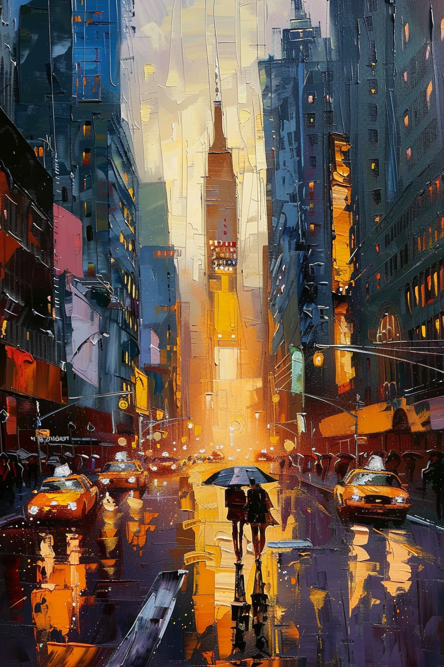 Colorful impressionistic painting of a rainy city street at dusk, with illuminated buildings, reflections on wet pavement, and a pair of pedestrians under an umbrella.