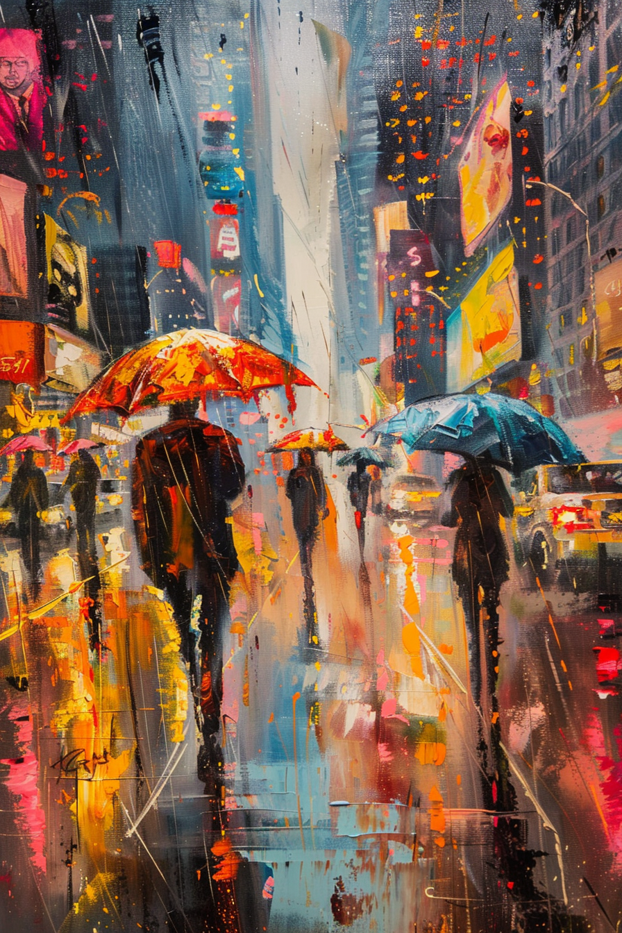Colorful impressionistic painting of people with umbrellas on a rainy city street.