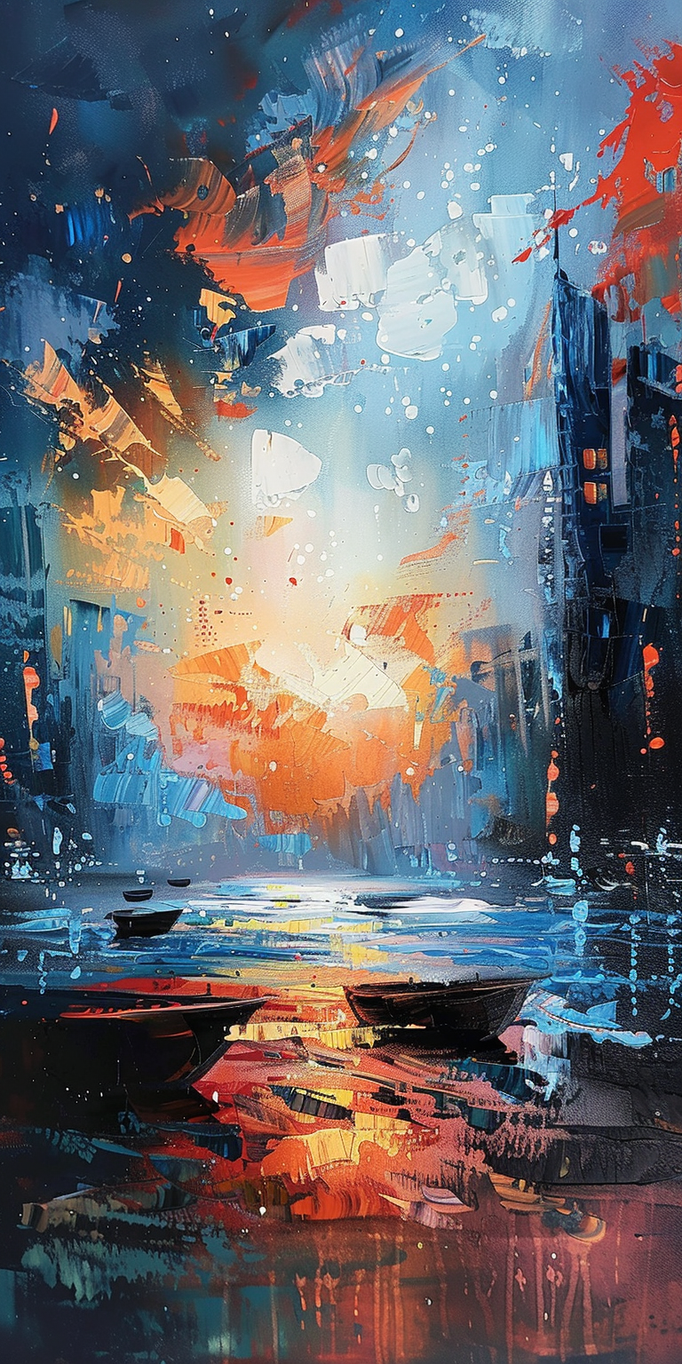 Abstract cityscape painting with vibrant sunset reflections on water.