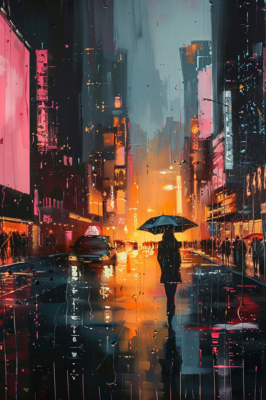 Person with umbrella walking on rain-soaked city street at night, illuminated by vibrant lights.