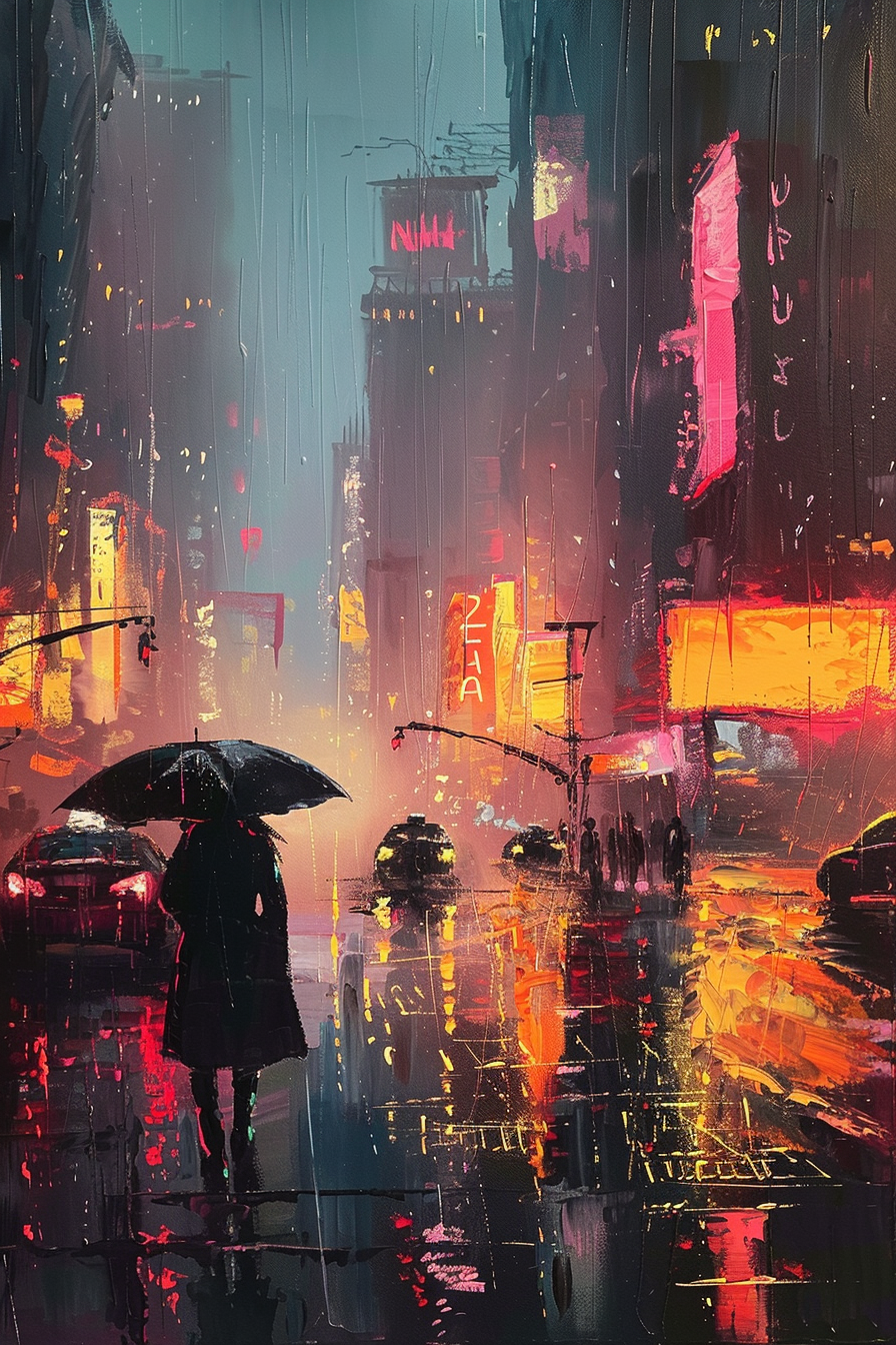 A person with an umbrella stands in a vibrant, rainy city street at night, illuminated by colorful neon lights.