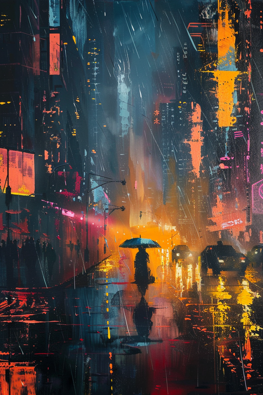 A person with an umbrella walking on a rainy, neon-lit city street at night.