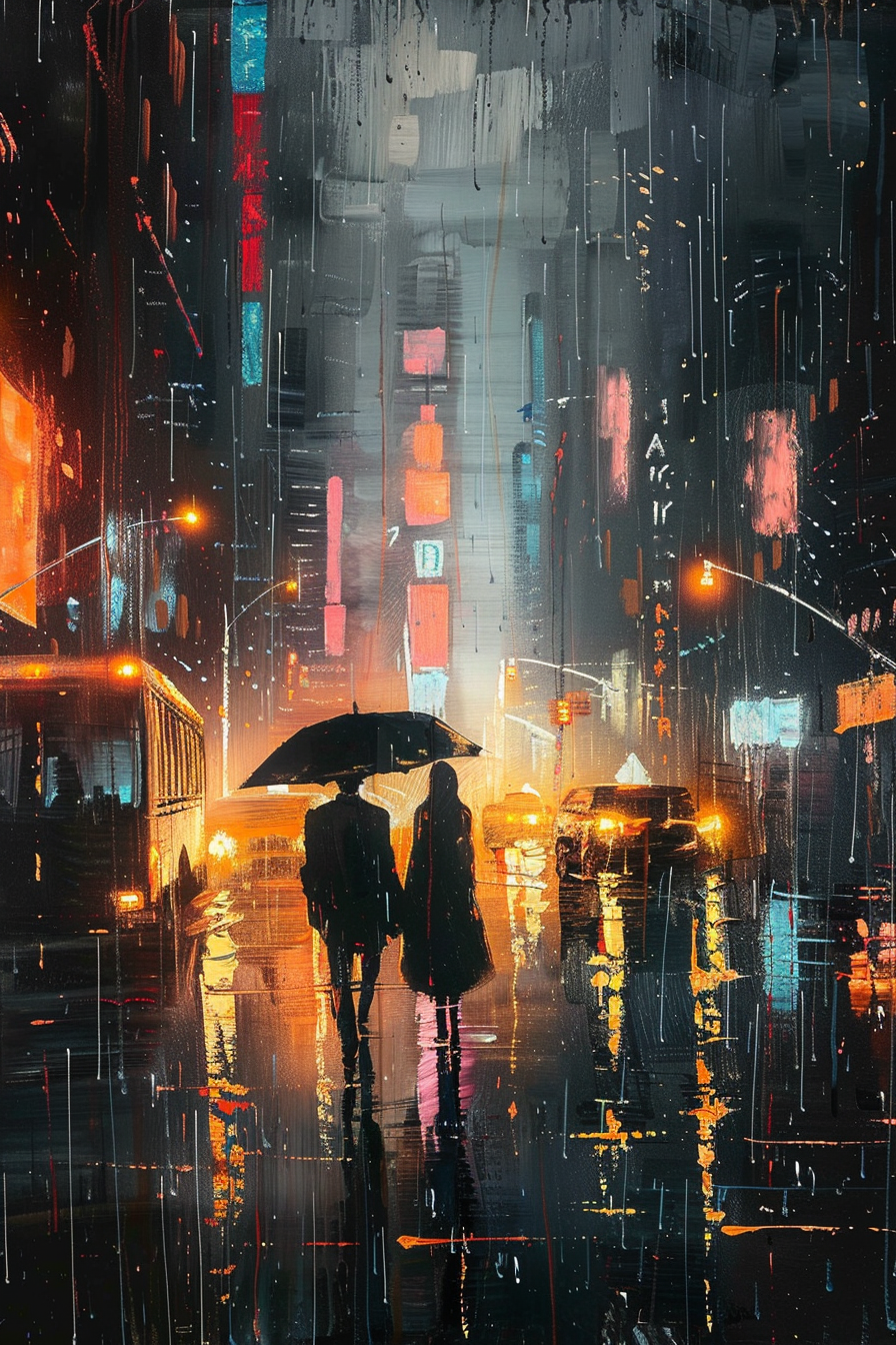 A couple sharing an umbrella on a rain-soaked city street at night, with vibrant lights reflecting on wet pavement.