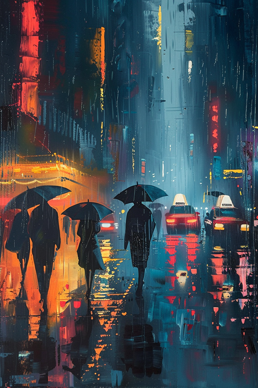 "Abstract cityscape painting depicting people with umbrellas walking in the rain at night, with vibrant reflections on wet pavement."