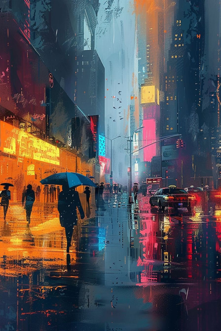 "Rain-soaked city street at dusk with vibrant lights reflecting on the pavement and people with umbrellas."