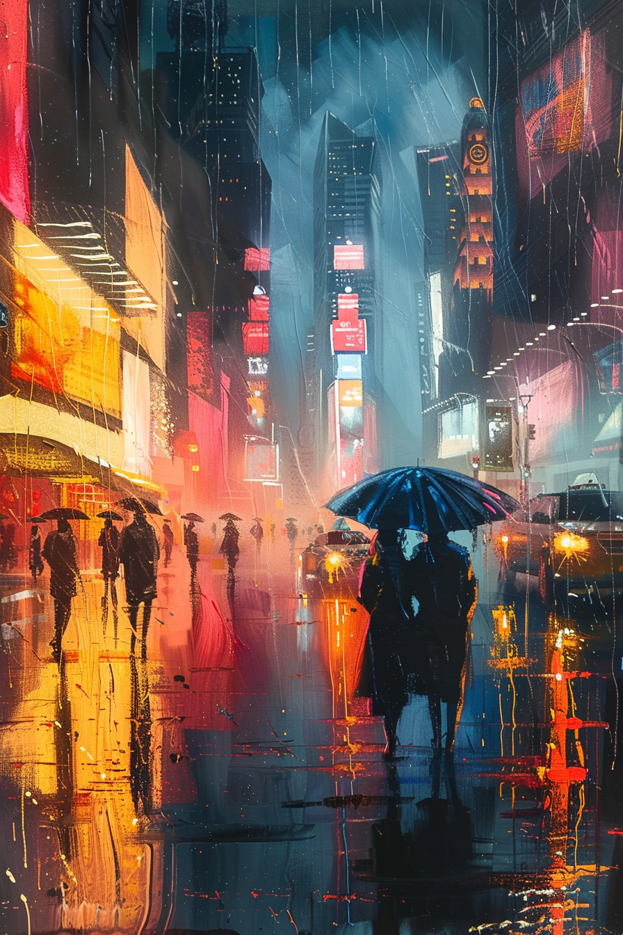 Colorful painting of people with umbrellas on a rainy, neon-lit city street at night.