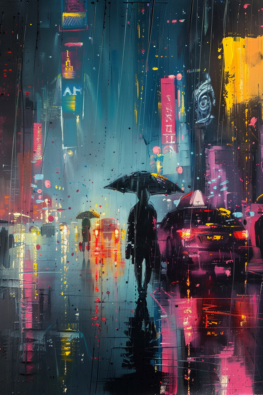 Silhouetted person with umbrella walking on rainy, neon-lit city street at night.