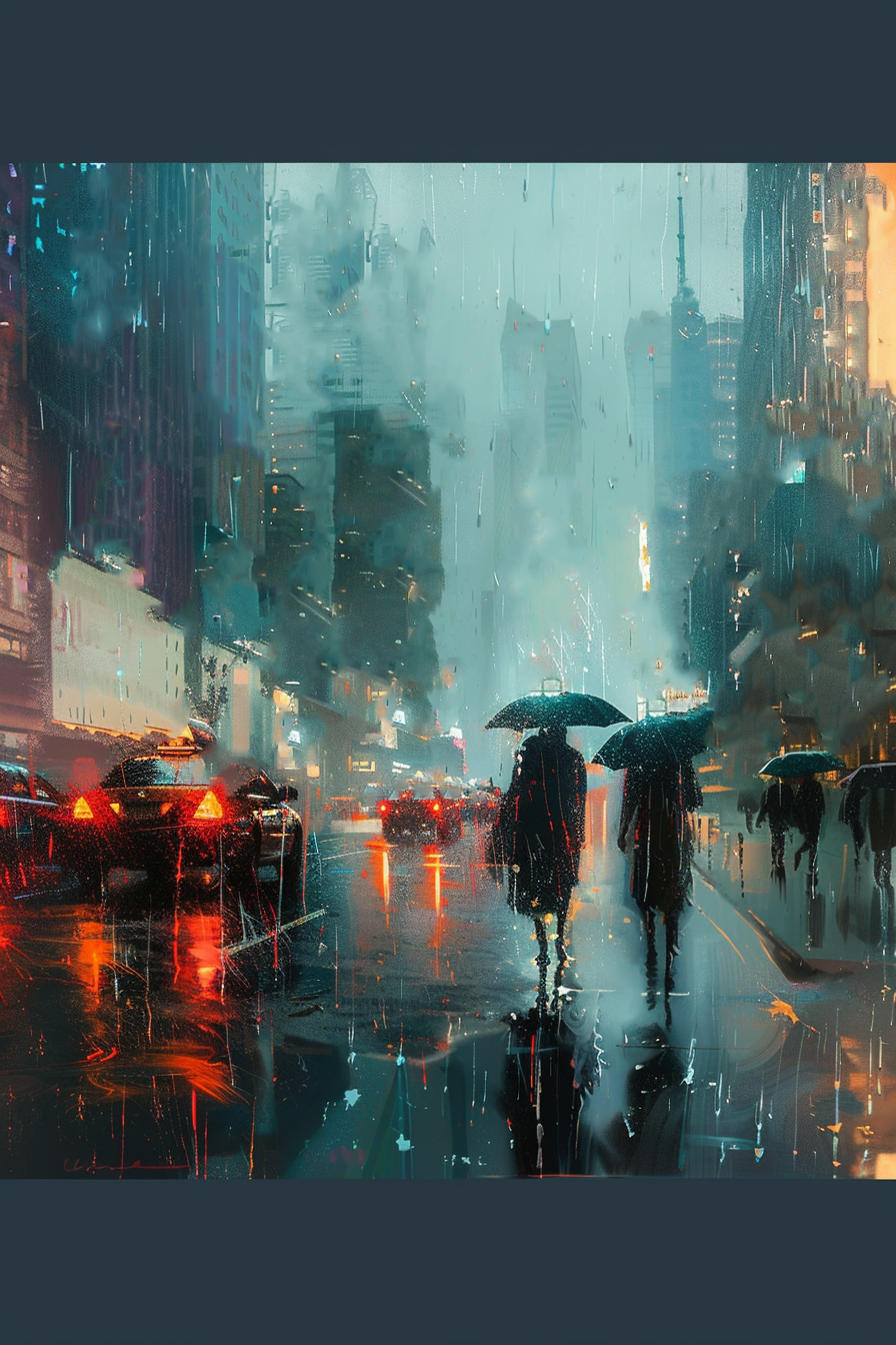 Rain-drenched cityscape with blurred figures holding umbrellas amid reflective streets and glowing lights.