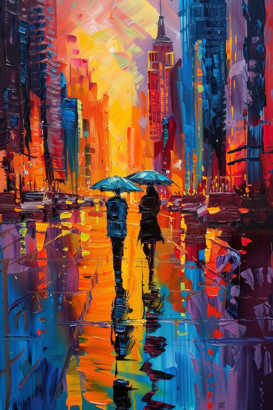 Vibrant, abstract cityscape painting with two figures under an umbrella, reflecting in wet street.