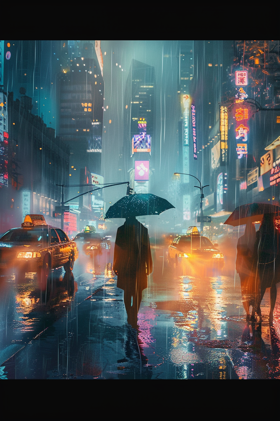 Rainy night in a neon-lit city with people carrying umbrellas and cars on wet streets.