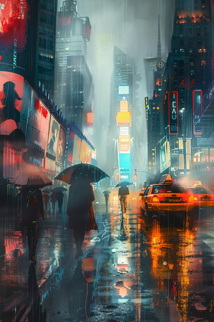 ALT: Rain-soaked city street at night with illuminated signs, pedestrians with umbrellas, and a yellow taxi.