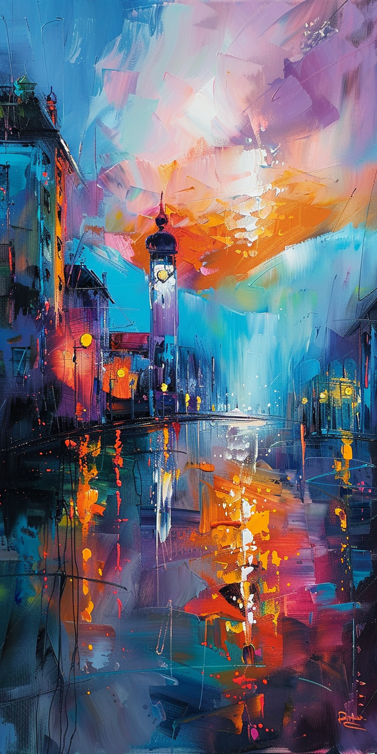 Colorful, abstract cityscape painting with vibrant reflections on wet streets, highlighted by a clock tower.