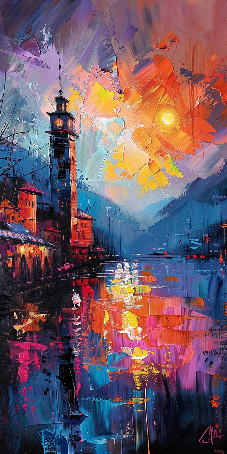 Colorful, expressionistic painting of a lighthouse by the water with vibrant reflections at sunset.