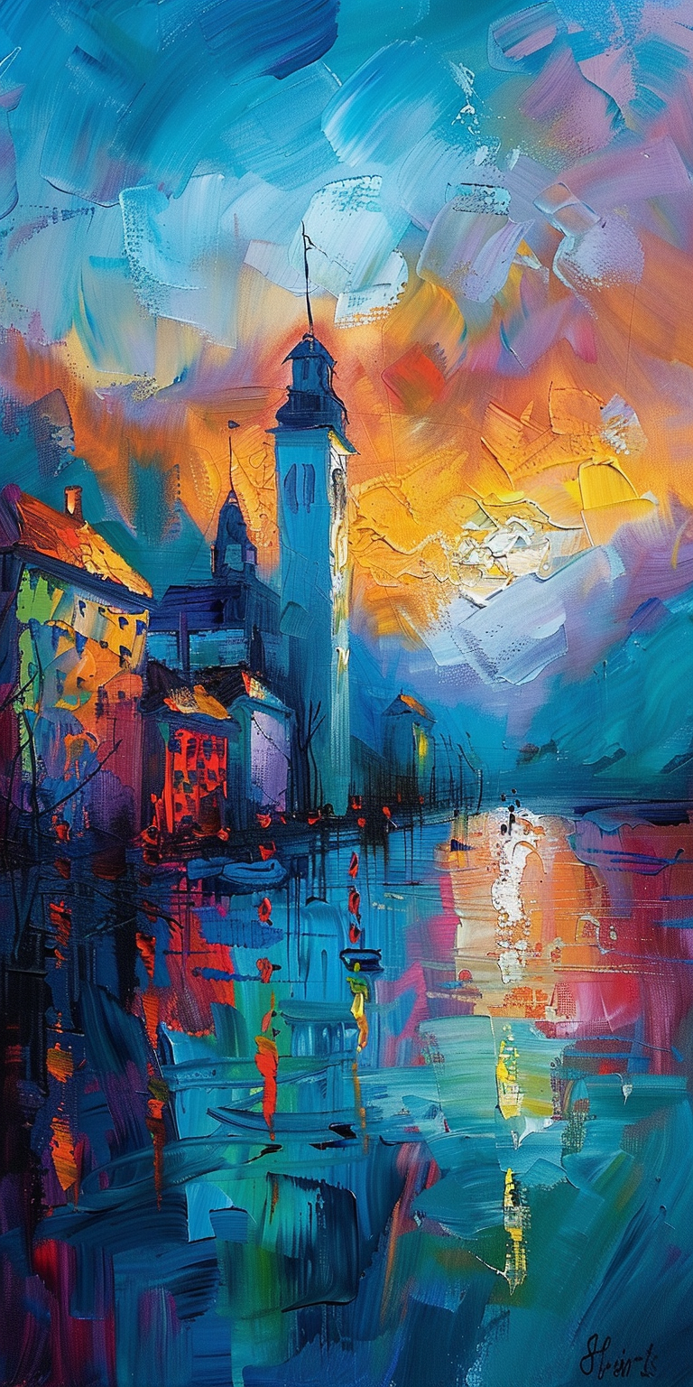 Colorful abstract painting of a vibrant sunset over a reflective cityscape with blue tones.