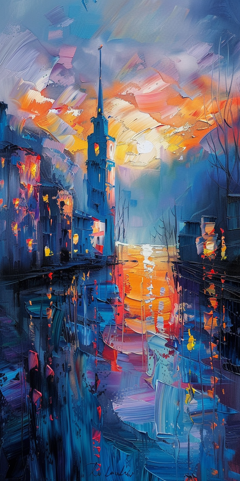 Colorful abstract cityscape painting with a vibrant sunset, reflection in water, and bold brushstrokes.