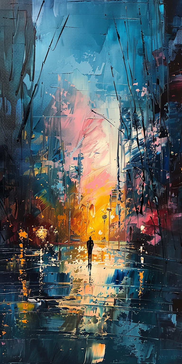 Abstract cityscape painting with vibrant colors and silhouette of a person walking.