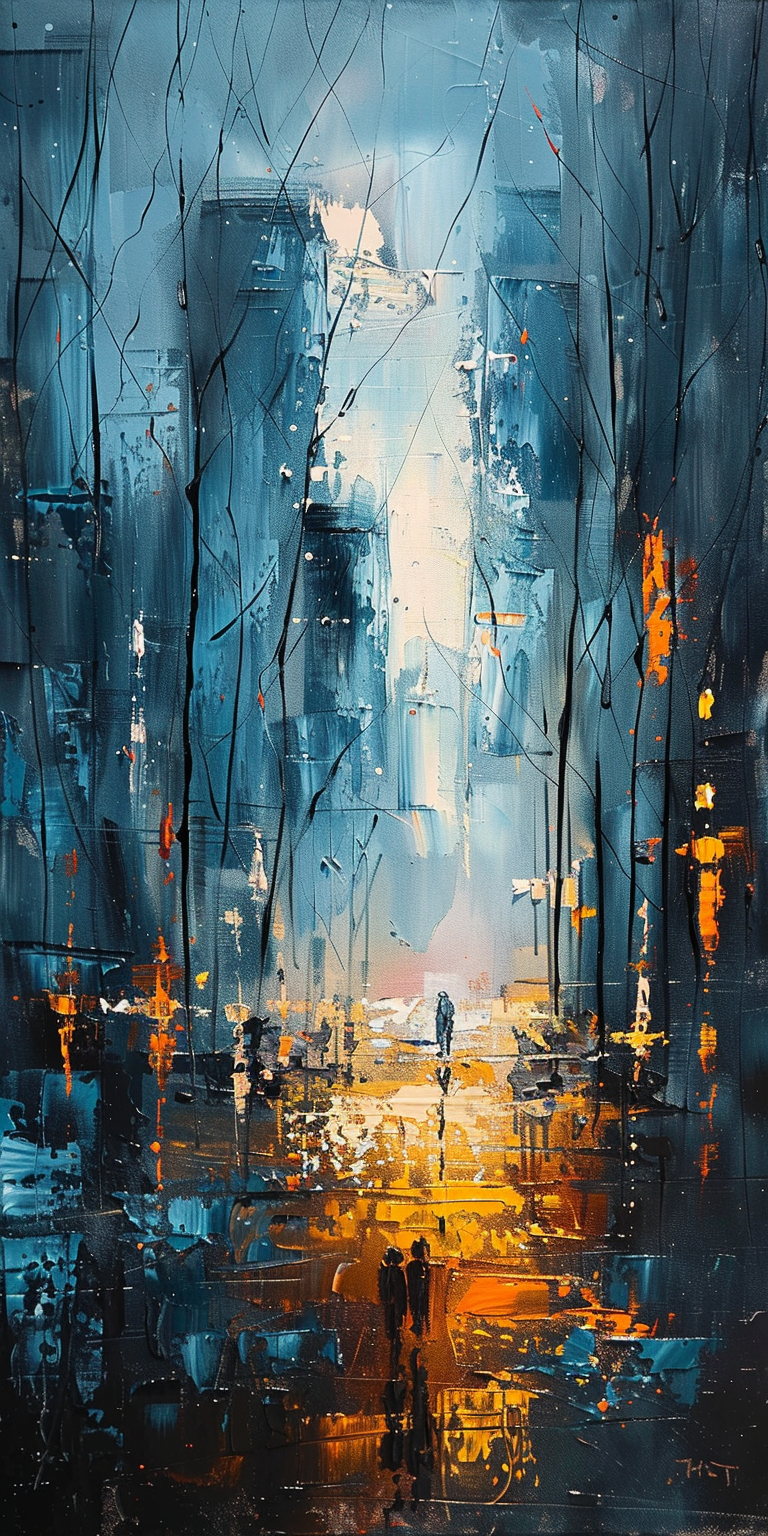 Abstract cityscape painting with vibrant blues and oranges, featuring silhouettes of people and rain-soaked streets.