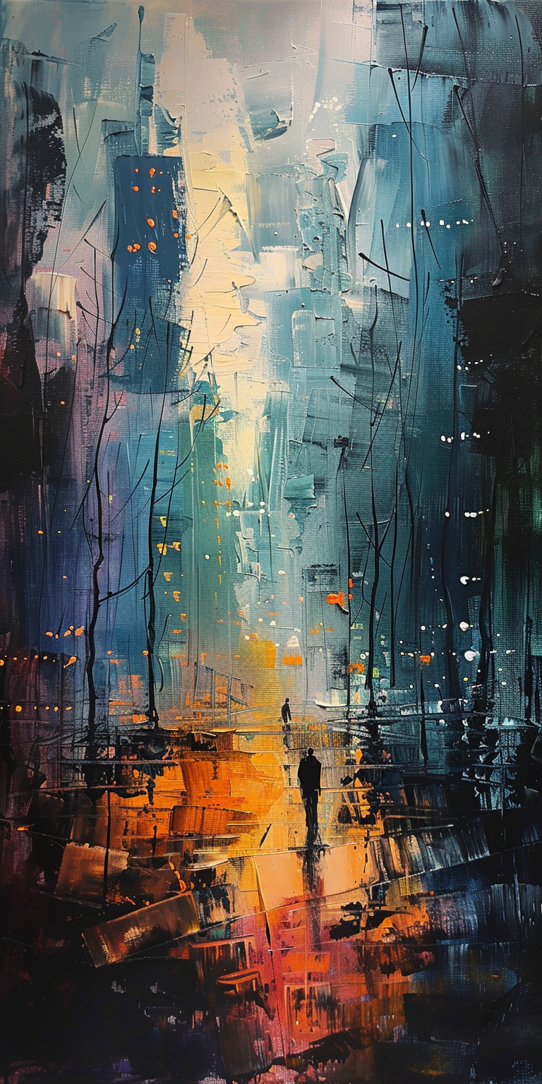 Abstract cityscape painting with a lone figure walking on a vibrant, illuminated street.