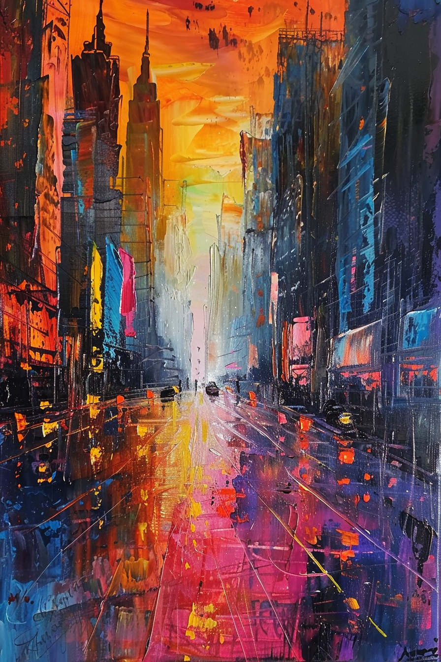 Colorful abstract cityscape painting with vivid sunset and reflective wet streets.