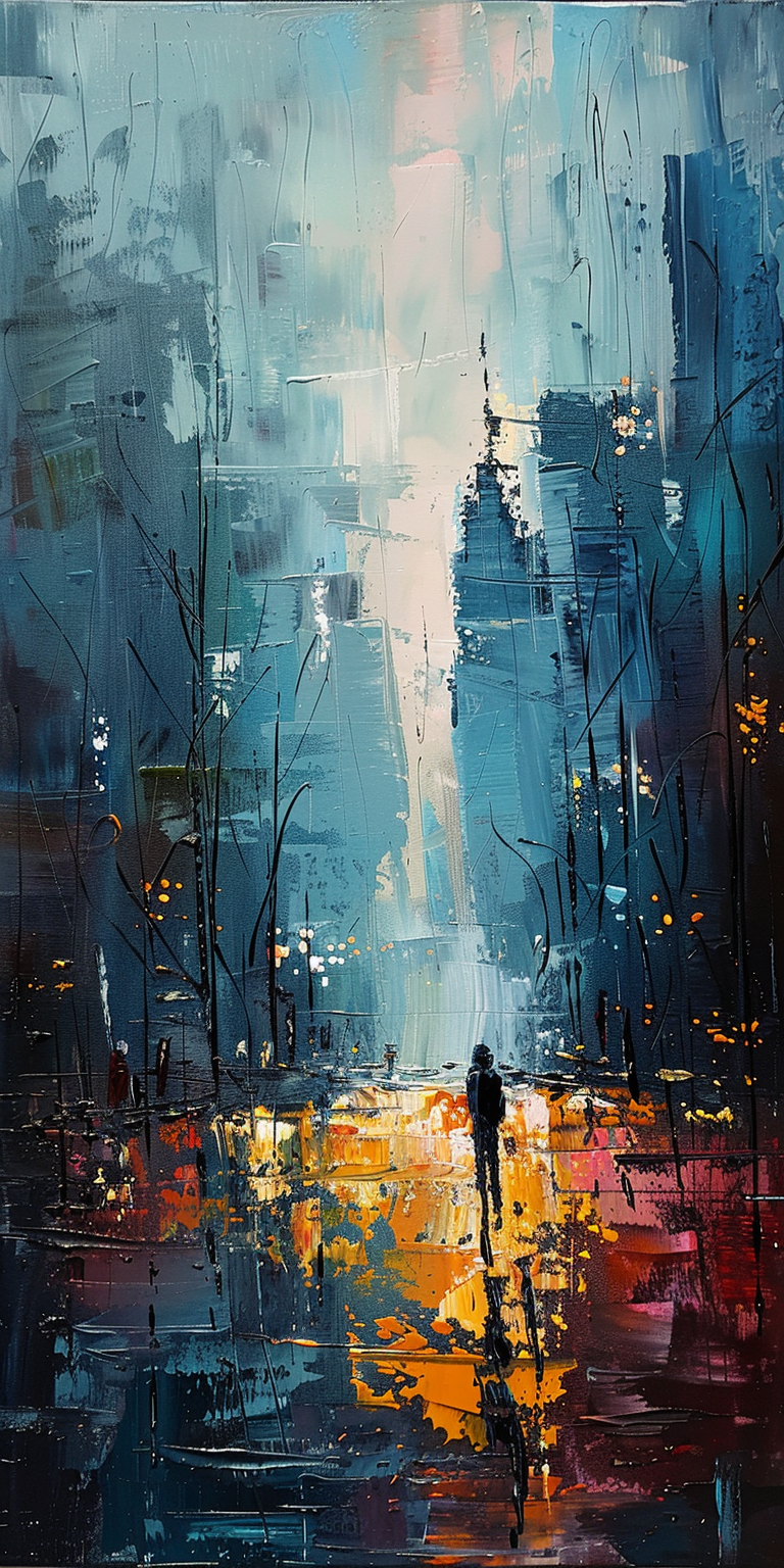 Abstract cityscape painting with silhouetted figure and vibrant reflections on wet pavement.