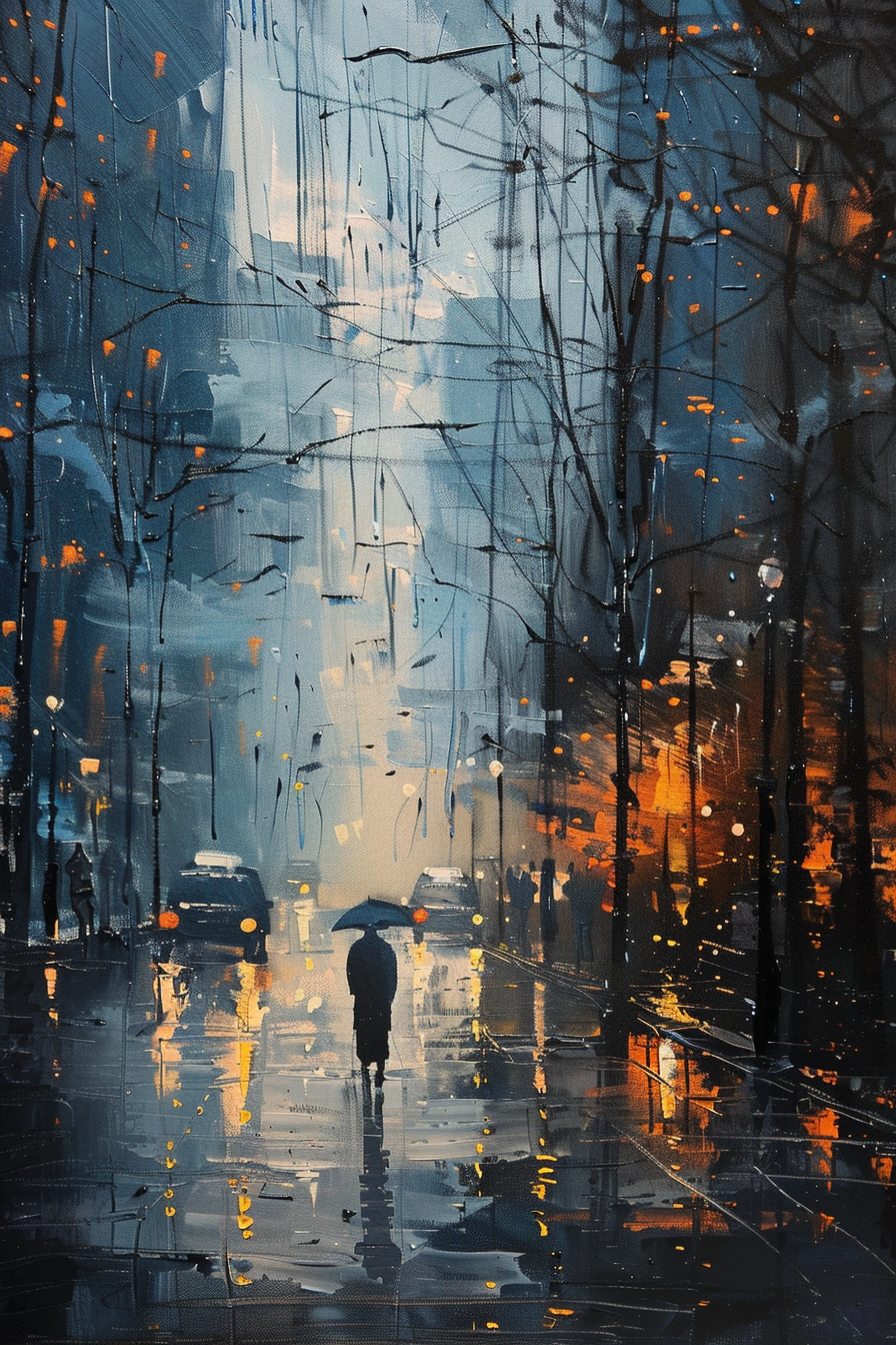 A person with an umbrella walking on a rainy city street at twilight, with glowing lights and reflections.
