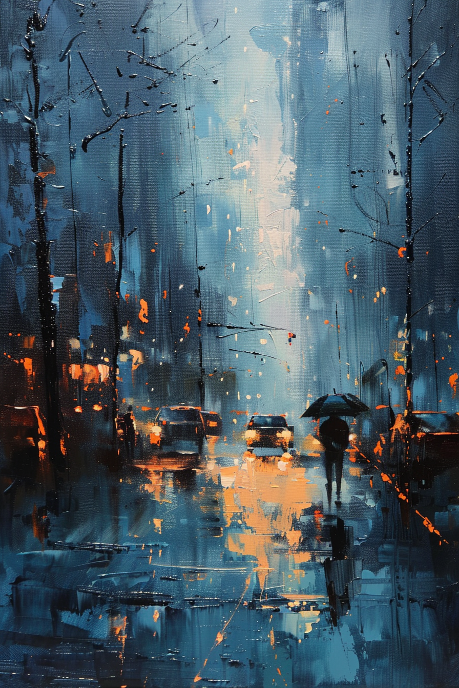A vibrant city street painting with rain, illuminated cars, and a person with an umbrella.