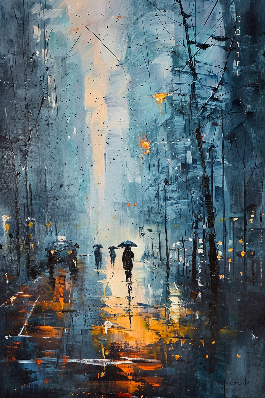 Abstract cityscape painting depicting rainy street scene with people under umbrellas and street lights.
