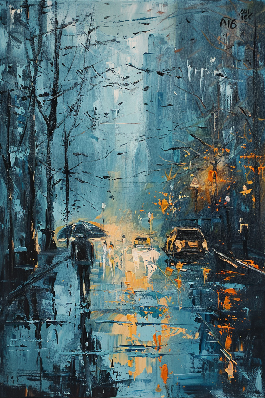 Abstract cityscape painting with rainy street scene, colorful reflections, cars, and pedestrians.