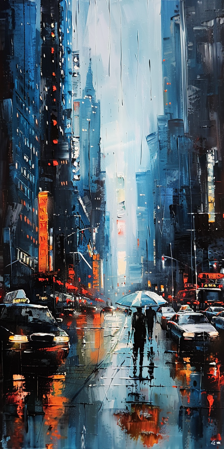 Colorful painting of a rainy city street with cars and people with umbrellas.
