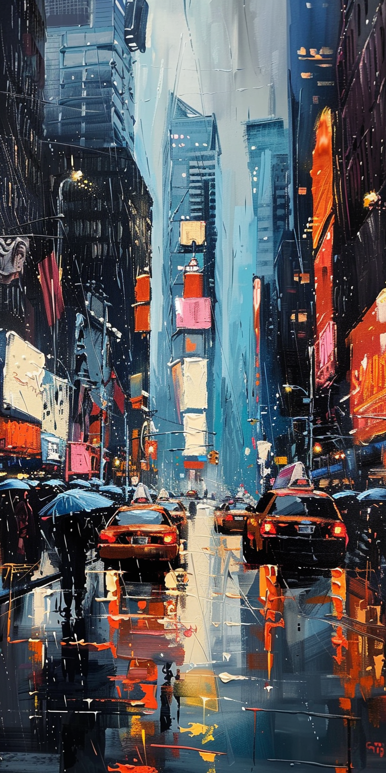 Colorful, impressionistic cityscape painting of a rainy street scene with reflective surfaces.