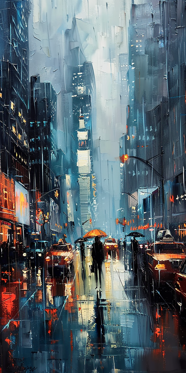 Painting of a rainy city street at night with illuminated buildings and pedestrians under umbrellas.