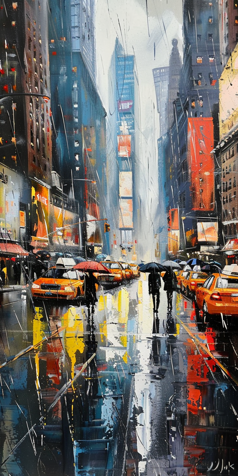 Colorful impressionistic cityscape painting featuring pedestrians with umbrellas and yellow taxis on a rainy street.