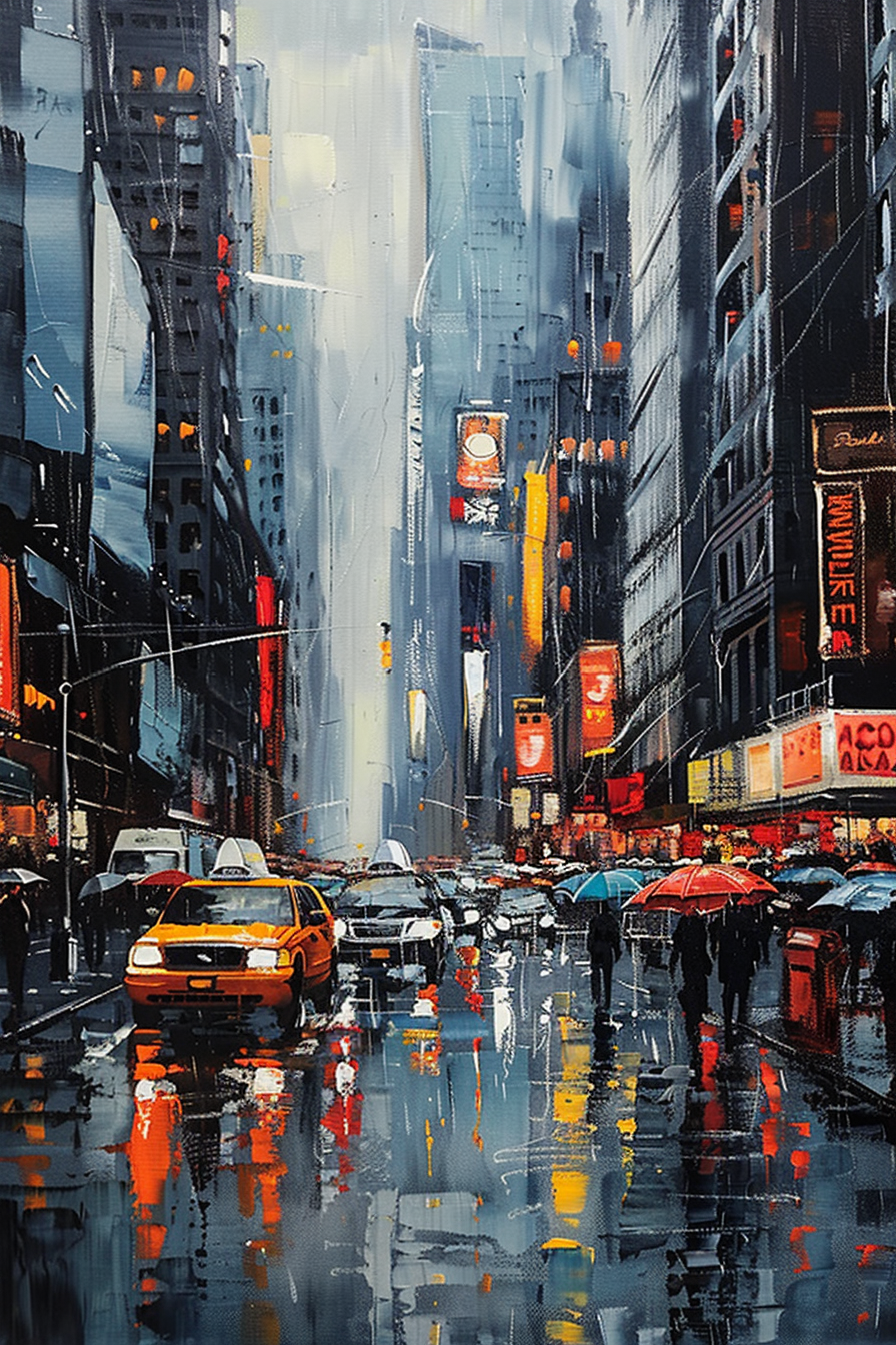 Painting of a bustling city street with taxis, pedestrians with umbrellas, and reflective wet pavement.