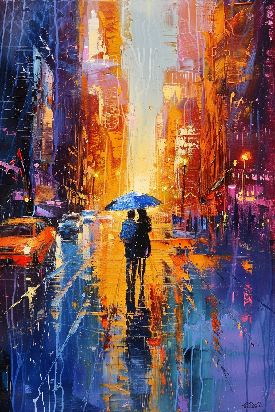 Colorful expressionist painting of a person with an umbrella walking on a rainy city street.