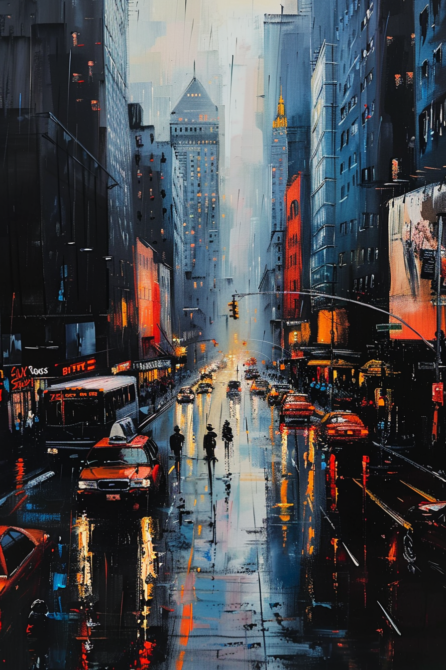 Colorful painting of a rainy city street at dusk with reflections on the wet road.
