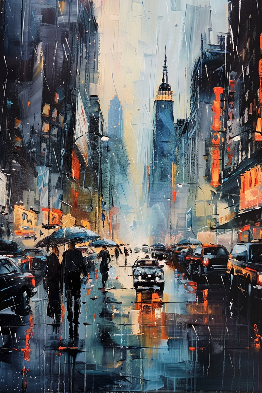 Colorful impressionistic cityscape painting with pedestrians and cars on rainy streets.