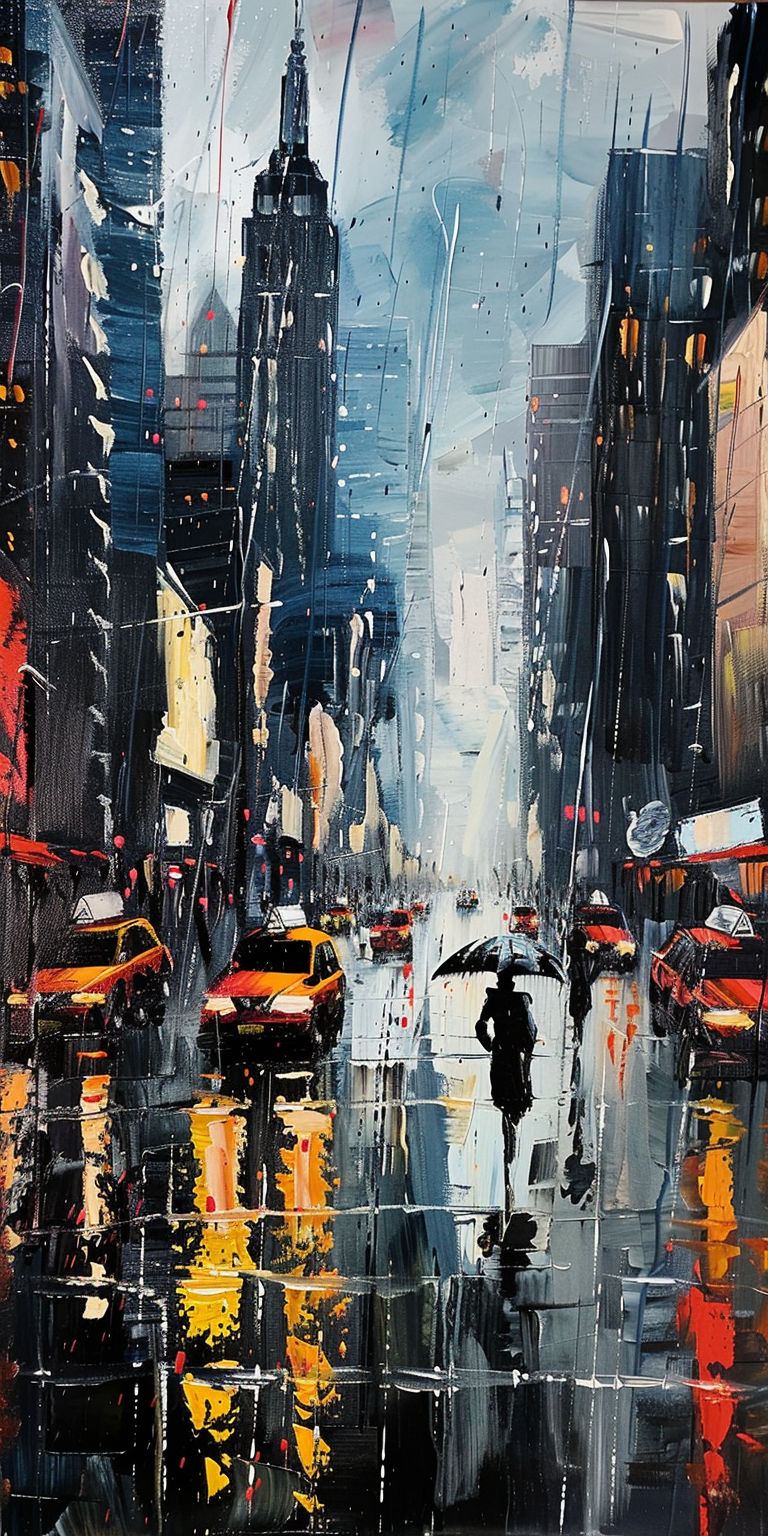 Colorful abstract cityscape painting with rainy street, pedestrians, and taxis.