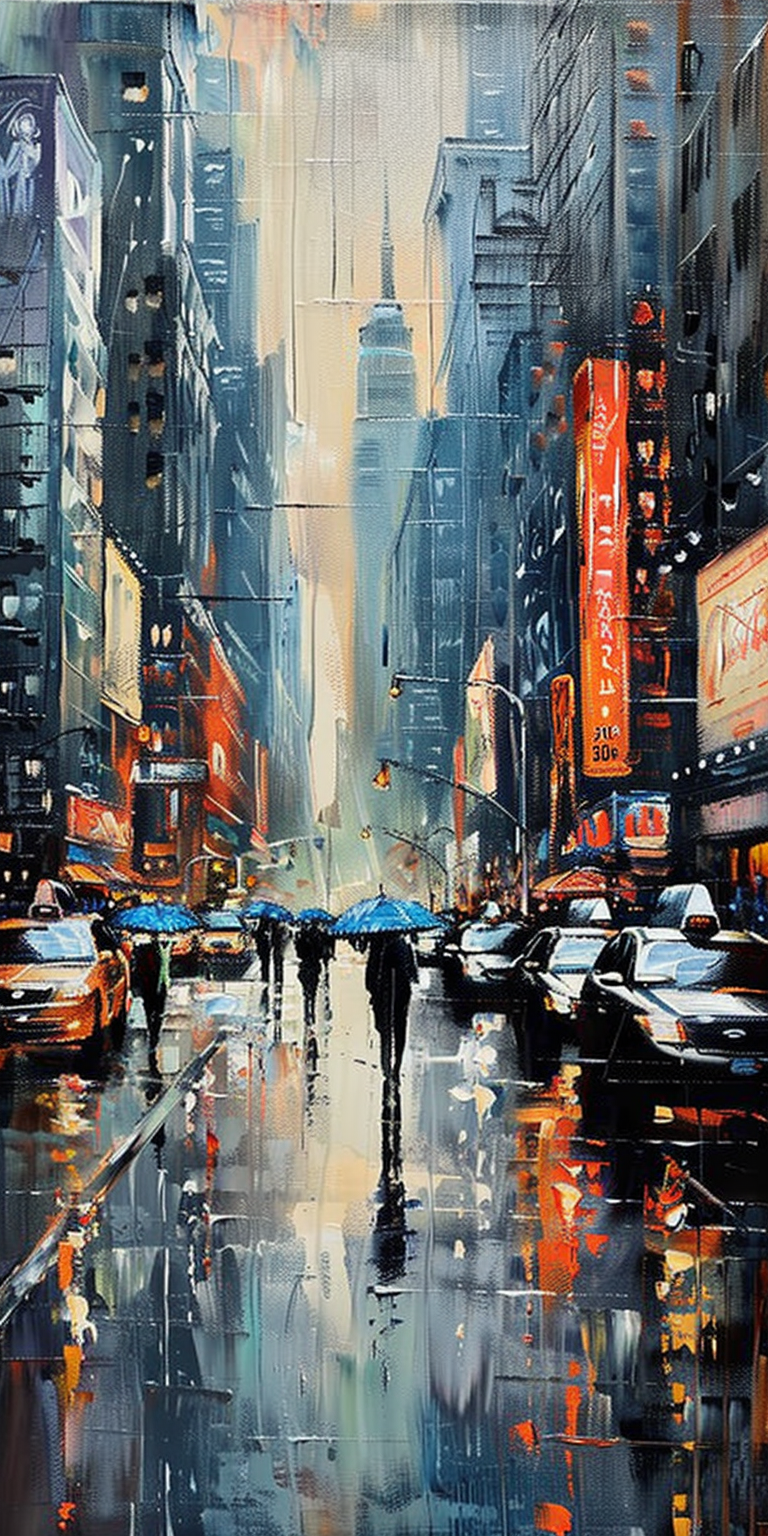 Colorful painting of a rainy city street with pedestrians and cars, depicted in a vibrant, impressionistic style.
