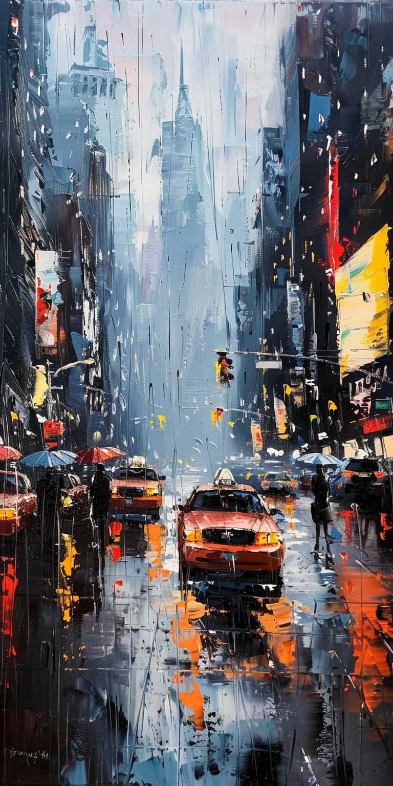 "Colorful, abstract city street painting under rain with blurred buildings and taxi cabs."