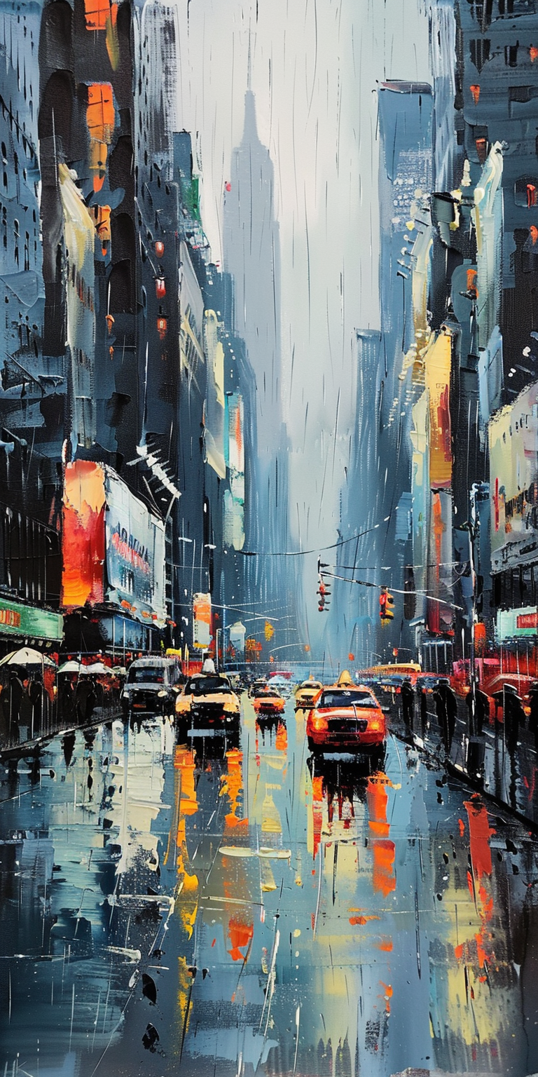 "Expressionist cityscape painting of bustling street with cars, wet reflective surfaces, and vibrant lights."