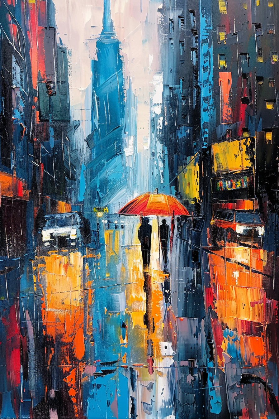 Colorful abstract cityscape painting with a prominent red umbrella amidst rain-drenched streets.