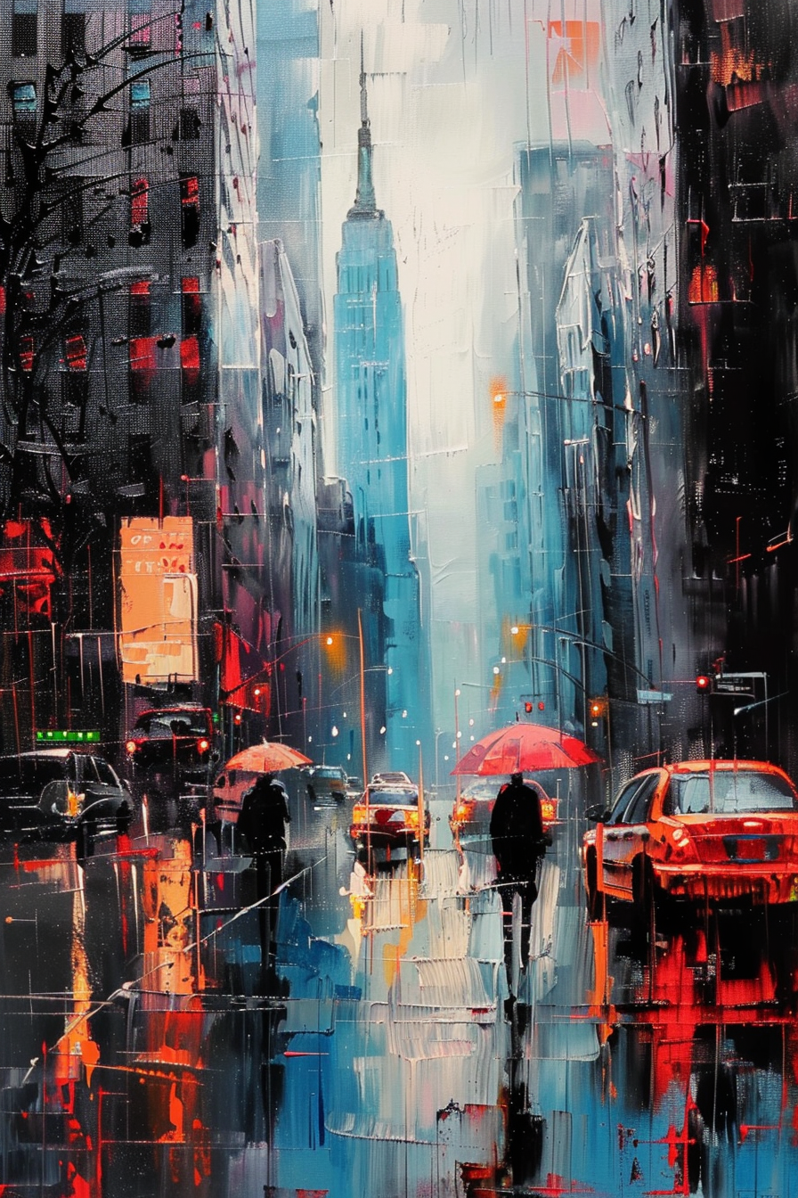 Colorful painting of a rainy city street with pedestrians holding red umbrellas and cars.